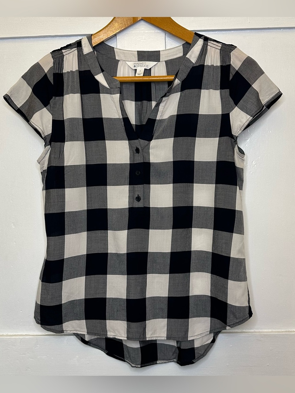 Market & Spruce Black and White Buffalo Check Short Sleeve Blouse